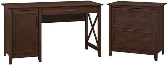 Pemberly Row Computer Desk with Lateral File Cabinet, Cherry Finish, Engineered Wood, 54W x 24D Desktop, Adjustable Shelf, Ball Bearing Slides, Farmhouse Style Home Office or Living Room Furniture