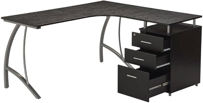 Scranton & Co Modern Wood L-Shaped Corner Desk, Espresso Finish, 30" H x 55" W x 59" D, MDF Panels with PVC Laminate, Built-in Locking Storage & Hanging File Cabinet, Space-Saving Home Office Desk