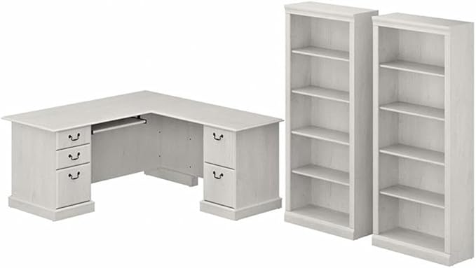 Bush Furniture Saratoga L Shaped Computer Desk and Bookcase Set in Linen White Oak