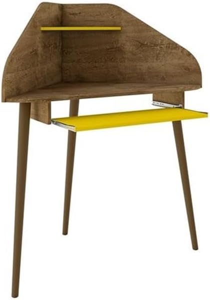 Eden Home 4-Piece Round Sectional Desk Set, MDF Wood, Rustic Brown and Yellow Finish, 62.62 in Wide, Includes Drawer, Shelves, Grommets, Freestanding or Floating, Ideal for Home Office or Study Use