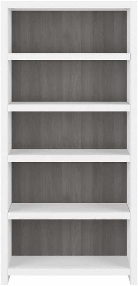 Pemberly Row Set of 2 L-Shaped Bow Front Desk & 5-Shelf Bookcase in White & Gray