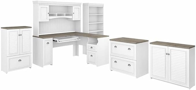 Pemberly Row L Shaped Desk 6 Pc Office Set, Pure White and Gray Finish, Engineered Wood, Includes Hutch, Bookcase, Filing Cabinets, Storage Cabinets, 60W Work Surface, Modern Farmhouse Home Office