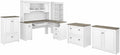 Pemberly Row L Shaped Desk 6 Pc Office Set, Pure White and Gray Finish, Engineered Wood, Includes Hutch, Bookcase, Filing Cabinets, Storage Cabinets, 60W Work Surface, Modern Farmhouse Home Office