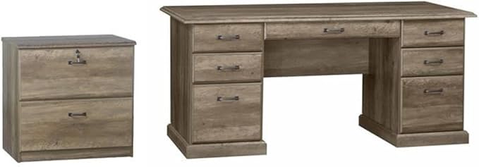 Pemberly Row Set of 2 Lateral Filing Cabinet & Executive Desk in Rustic Oak