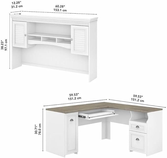 Pemberly Row 60W L Desk with Hutch, Shiplap Gray and White Finish, Engineered Wood, Corner Desk with Storage, Adjustable Shelves, Modern Farmhouse Style Home Office Workstation, 59.53W x 59.53D x