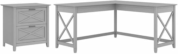 Pemberly Row 60W L Shaped Desk with Lateral File Cabinet, Engineered Wood, Cape Cod Gray Finish, 2 Drawers, Farmhouse Style Home Office Workstation with Storage