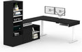 Pemberly Row 72" L-Shaped Standing Desk Set with Storage, Black Finish, Electric Adjustable Height Desk, Shelving Units, Credenzas, Dual Monitor Arms, Home Office Furniture