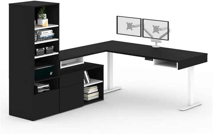 Pemberly Row 72" L-Shaped Standing Desk Set with Storage, Black Finish, Electric Adjustable Height Desk, Shelving Units, Credenzas, Dual Monitor Arms, Home Office Furniture