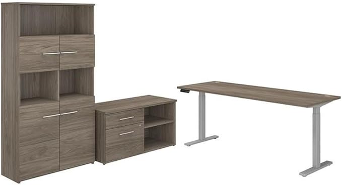 Pemberly Row 72W Height Adjustable Standing Desk with Storage, Modern Hickory Finish, Includes 45W Low Cabinet with Drawers and 36W 5-Shelf Bookcase, Ergonomic Office Furniture Set for Home or