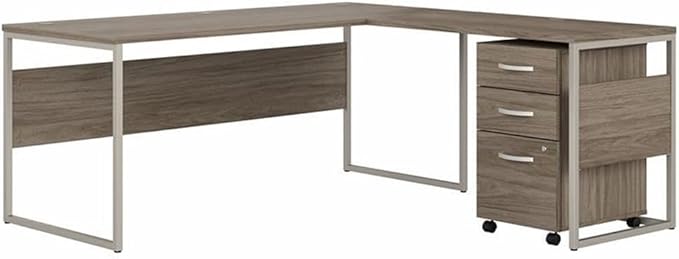 Bush Business Furniture Hybrid L Shaped Table Desk with Mobile File Cabinet, 72W x 30D, Modern Hickory