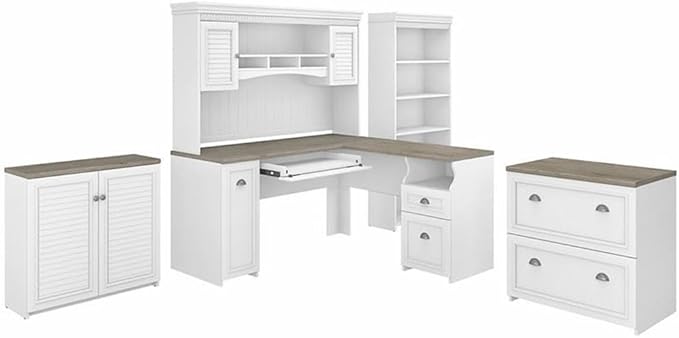 Pemberly Row Engineered Wood L Shaped Desk 5 Pc Office Set, Pure White & Shiplap Gray Finish, Includes Desk, Hutch, Bookcase, File Cabinet, Storage Cabinet, Modern Farmhouse Style Home Office