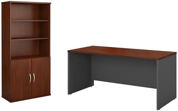 Pemberly Row Set of 2 60W Credenza Desk & 5-Shelf Bookcase in Hasnen Cherry