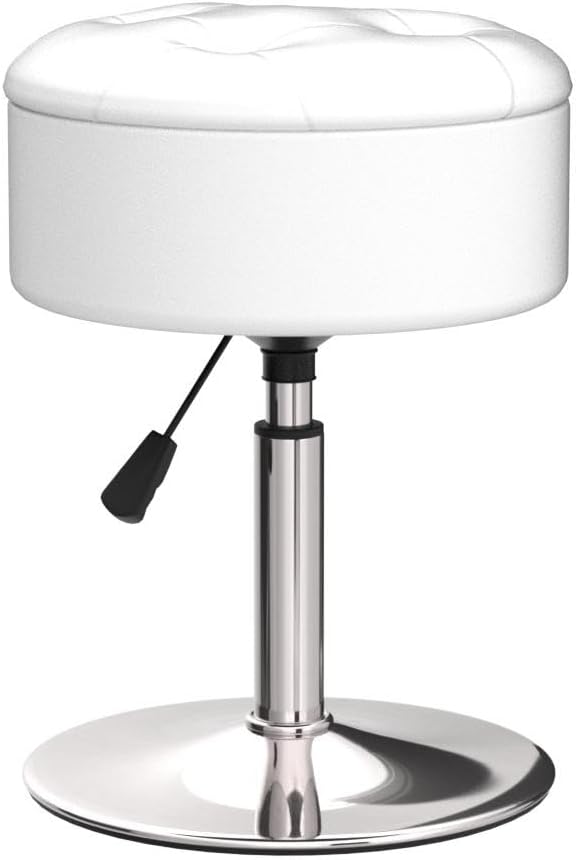 LUE BONA 360°Swivel Vanity Stool Chair for Makeup Room, Height Adjustable Stool for Vanity with Storage, Small White Faux Leather for Bathroom, Living Room