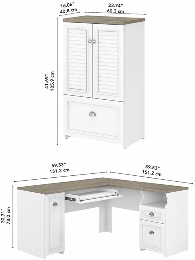 Bush Furniture Fairview 60W L Shaped Desk and 2 Door Storage Cabinet with File Drawer in Pure White and Shiplap Gray