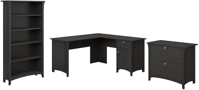 Pemberly Row 3 Pc L Shaped Desk Set with Storage, Engineered Wood, Vintage Black Finish, Includes Desk, Bookcase & File Cabinet, Space-Saving Office Furniture for Home or Apartment Use