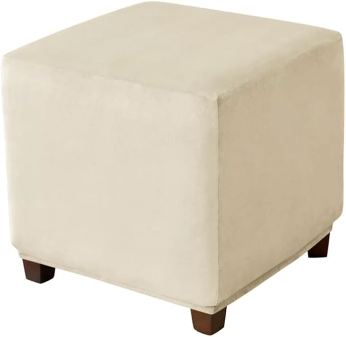 Ottoman Cover Square Velvet Ottoman Covers Protector for Footrest Foot Stool Furniture Stretch Comfortable with Elastic Bottom Large Beige