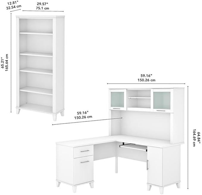 Pemberly Row 60W L Shaped Desk with Hutch and 5 Shelf Bookcase, Engineered Wood, White Finish, Transitional Home Office Furniture Set with Storage Drawers, Adjustable Shelves, Frosted Glass Doors