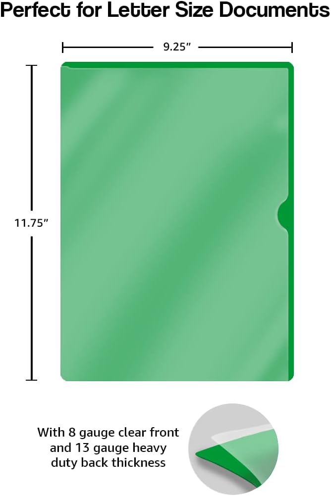 Doctor Stuff - 25 Pack L-Type Vinyl Plastic File Folders Letter Size, Green Pocket Project Folders Clear Front, Documents Holder for Home, High School, Office and Medical Files