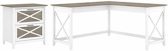Bush Furniture L Shaped Desk with Lateral File Cabinet | Key West Collection Corner Computer Table with Storage for Home Office with Filing Unit | 60Wx60Dx30H