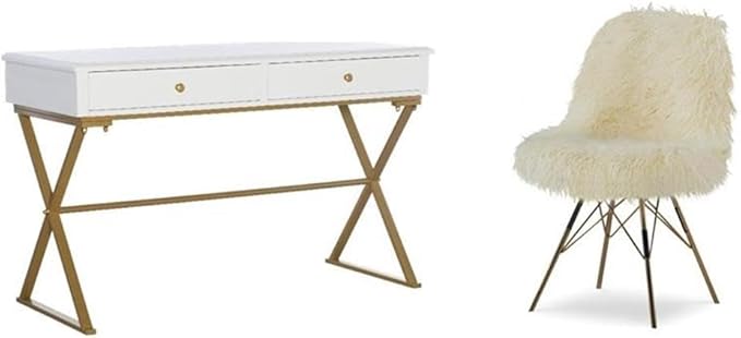 Pemberly Row Set of 2 Writing Desk with Criss Cross Legs & Faux Fur Accent Chair