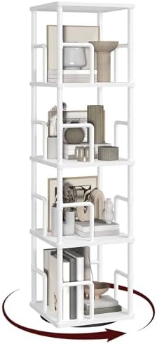 MAHANCRIS 4-Tier Rotating Bookshelf, Freestanding Corner Bookshelf, 360° Spinning Bookcase, Industrial Style Storage Rack with Rails, for Living Room, Bedroom, Study, White BKWT1501