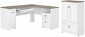 Bush Furniture Fairview 60W L Shaped Desk and 2 Door Storage Cabinet with File Drawer in Pure White and Shiplap Gray