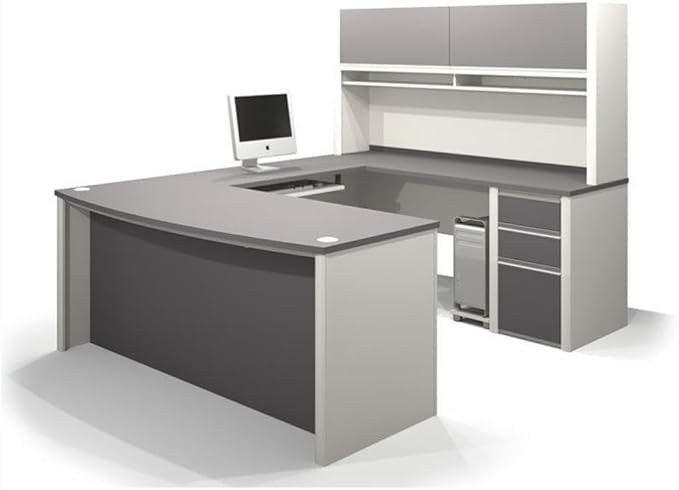 Bowery Hill Contemporary Wood U-Shaped Workstation, Sandstone/Gray Finish, 71.13"W x 92.38"D x 65.75"H, Modular Design, Durable Melamine Surface, Commercial Grade Office Desk with Hutch and Shelving