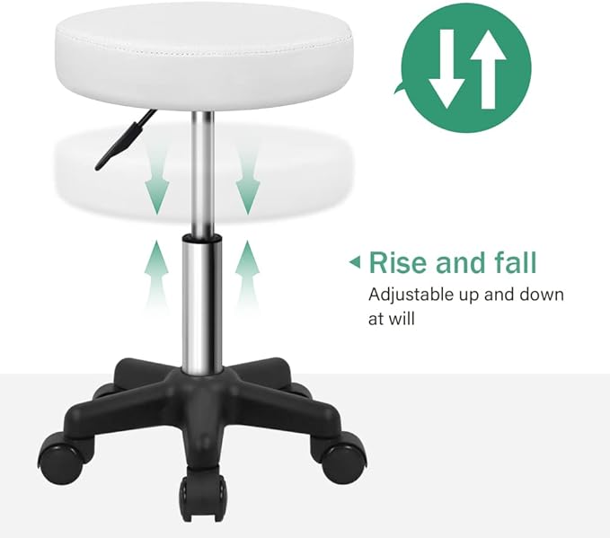 FURWOO Round Rolling Stool Height Adjustable Stool with Wheels for Spa Salon Massage White