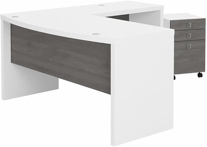 Bush Business Furniture Echo L Shaped Bow Front Desk with Mobile File Cabinet in Pure White and Modern Gray