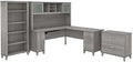 Pemberly Row 72W L Shaped Desk Set, Gray Engineered Wood, Includes Hutch, Lateral File Cabinet, 5 Shelf Bookcase, Keyboard Tray, Frosted Glass Doors, Office Furniture for Home or Workspace