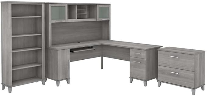 Pemberly Row 72W L Shaped Desk Set, Gray Engineered Wood, Includes Hutch, Lateral File Cabinet, 5 Shelf Bookcase, Keyboard Tray, Frosted Glass Doors, Office Furniture for Home or Workspace
