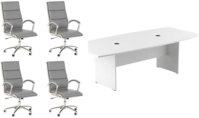Pemberly Row Set of 5 - White Conference Table & 4 Light Gray Executive Chairs