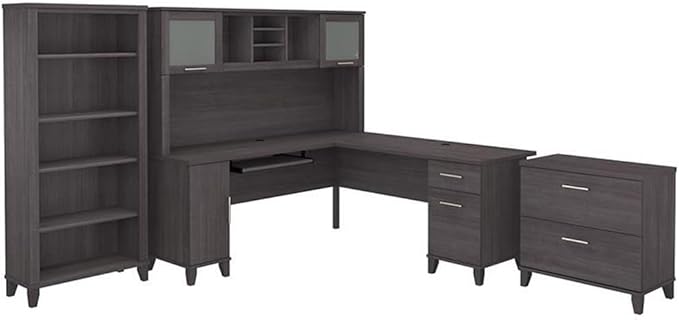 Pemberly Row 72W L Shaped Desk Set with Hutch, Storage, Lateral File Cabinet, Bookcase, Storm Gray Finish, Engineered Wood, Transitional Style Home Office Furniture for Organization and Workspace