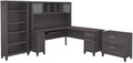 Pemberly Row 72W L Shaped Desk Set with Hutch, Storage, Lateral File Cabinet, Bookcase, Storm Gray Finish, Engineered Wood, Transitional Style Home Office Furniture for Organization and Workspace
