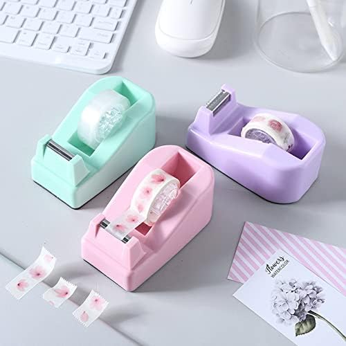 XEUZK Desktop Tape Dispenser Kits with Weighted Nonskid Base Tape Dispenser- Includes 9 Rolls of Transparent Tape(0.71 Inch x 500 inches Each) & Pink Scissors, 2 Pcs Tweezers (Purple)