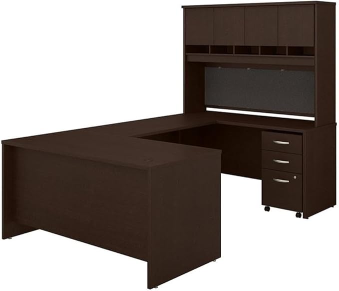 Pemberly Row 60W U Shaped Desk with Hutch and Drawers, Mocha Cherry Finish, Engineered Wood, Includes Mobile File Cabinet, Wire Management, Durable Office Desk for Home Office or Workspace Use