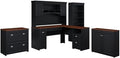 Pemberly Row 5 Piece Office Set, Engineered Wood, Antique Black and Hansen Cherry Finish, L Desk with Hutch, Storage Cabinet, Lateral File, 5 Shelf Bookcase, Farmhouse Style Home Office Furniture