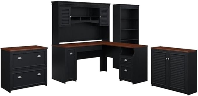 Pemberly Row 5 Piece Office Set, Engineered Wood, Antique Black and Hansen Cherry Finish, L Desk with Hutch, Storage Cabinet, Lateral File, 5 Shelf Bookcase, Farmhouse Style Home Office Furniture