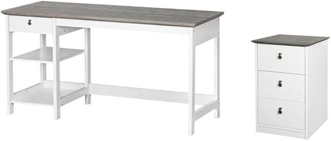 Pemberly Row Set of 2 White/Gray Oak 3-Drawer Filing Cabinet & 59" Writing Desk