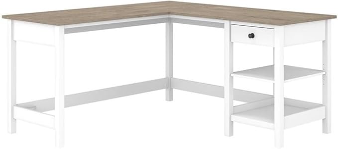 UrbanPro 60W L Shaped Computer Desk, Shiplap Gray/White Finish, Engineered Wood, Modern Farmhouse Style with Storage Shelves and Drawer, Home Office Corner Desk