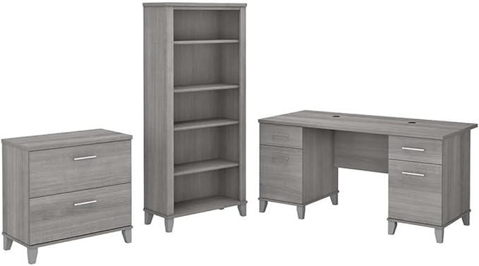 Pemberly Row Office Desk Set with File Cabinet & 5 Shelf Bookcase, 60W Desk, Engineered Wood, Gray Finish, Adjustable Shelves, Wire Management, Home Office Furniture for Workspace Organization