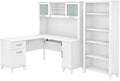 Pemberly Row 60W L Shaped Desk with Hutch and 5 Shelf Bookcase, Engineered Wood, White Finish, Transitional Home Office Furniture Set with Storage Drawers, Adjustable Shelves, Frosted Glass Doors