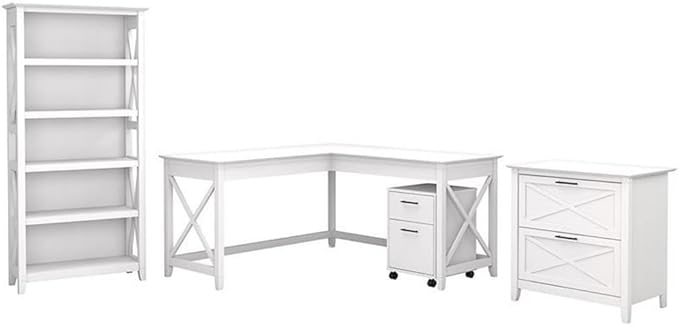 Bush Home Key West 60W L Shaped Desk with File Cabinets and 5 Shelf Bookcase in Pure White Oak