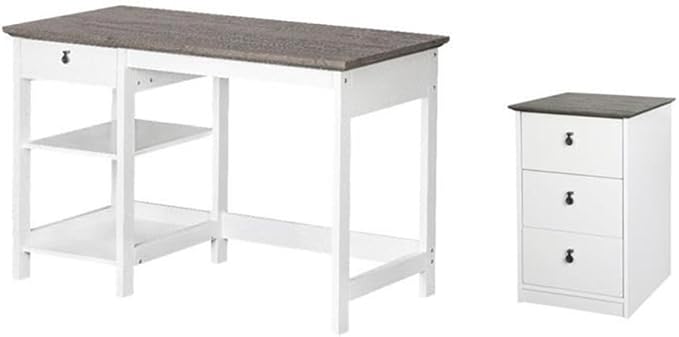 Pemberly Row Set of 2 White/Gray Oak 3-Drawer Filing Cabinet & 47" Writing Desk