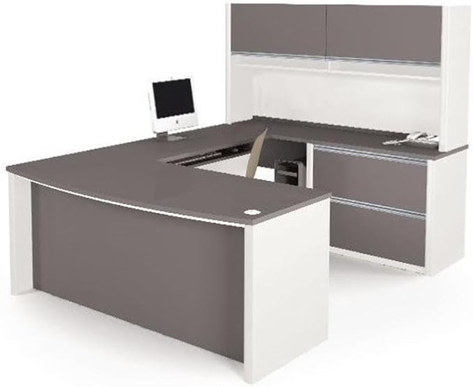BOWERY HILL U-Shape Home Office Set, Sandstone and Slate Finish, Oversized Pedestal, Spacious Design, Durable Construction, Two-Tone Modern Style Computer Desk for Office Workspace
