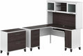 Bush Furniture Somerset 60W L Shaped Desk with Hutch and Lateral File Cabinet in White and Storm Gray