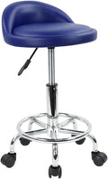 KKTONER PU Leather Round Rolling Stool with Foot Rest Height Adjustable Swivel Drafting Work SPA Task Chair with Wheels (Blue)