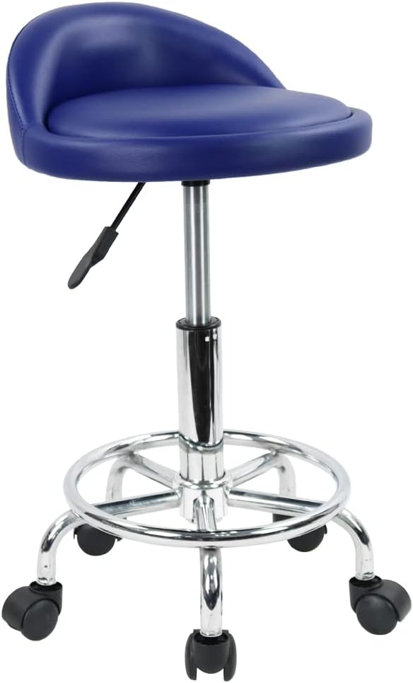 KKTONER PU Leather Round Rolling Stool with Foot Rest Height Adjustable Swivel Drafting Work SPA Task Chair with Wheels (Blue)