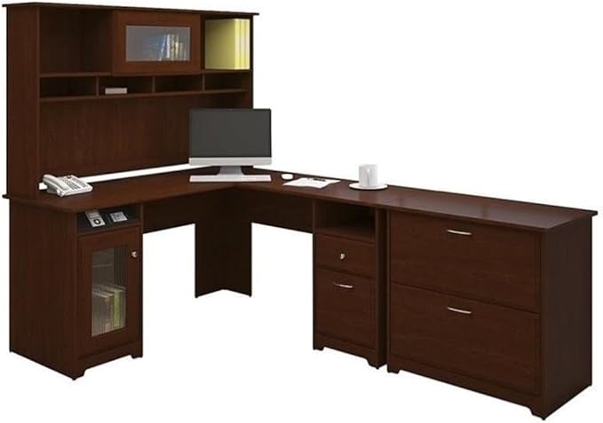 Pemberly Row 3 Piece Office Set, Laminate Over Engineered Wood, Harvest Cherry Finish, Includes L Shape Desk, Hutch, and Lateral File, Fluted Glass Doors, USB Hub, Ideal for Home Office Use