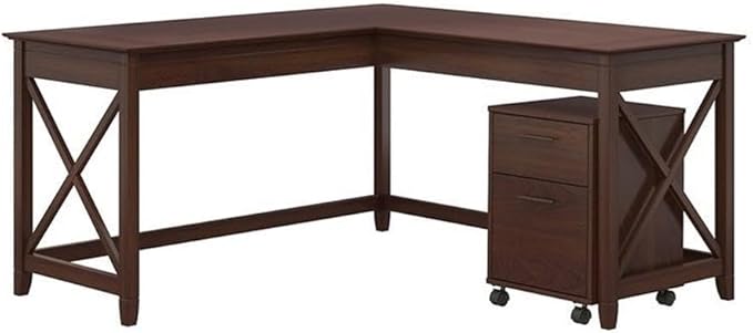 Bush Home Key West 60W L Shaped Desk with 2 Drawer Mobile File Cabinet in Bing Cherry